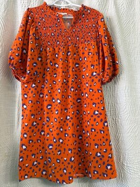 Women's Orange Leopard-Print Smocked Peasant Tunic Dress